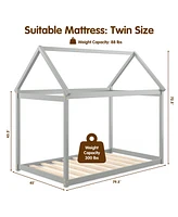 Costway Twin House Bed Wood Frame with Roof for Kids Toddler No Box Spring