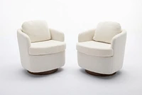 Boucle Fabric Swivel Accent Chair With Soild Wood Round Brown Base Leg