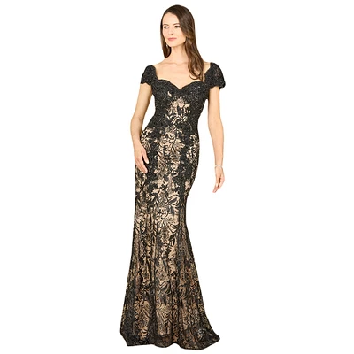 Lara Women's Long Bell Sleeve V-Neck Beaded Gown