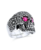 Bling Jewelry Large Men's Biker Halloween Devil Demon Gothic Caribbean Pirate Red Cz Eyes Skull Head Signet Ring Oxidized Sterling Silver