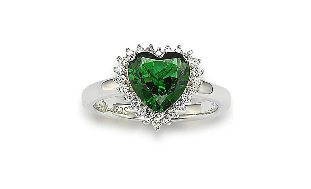 Suzy Levian New York Suzy Levian Sterling Silver Cubic Zirconia Green Heart Halo Ring