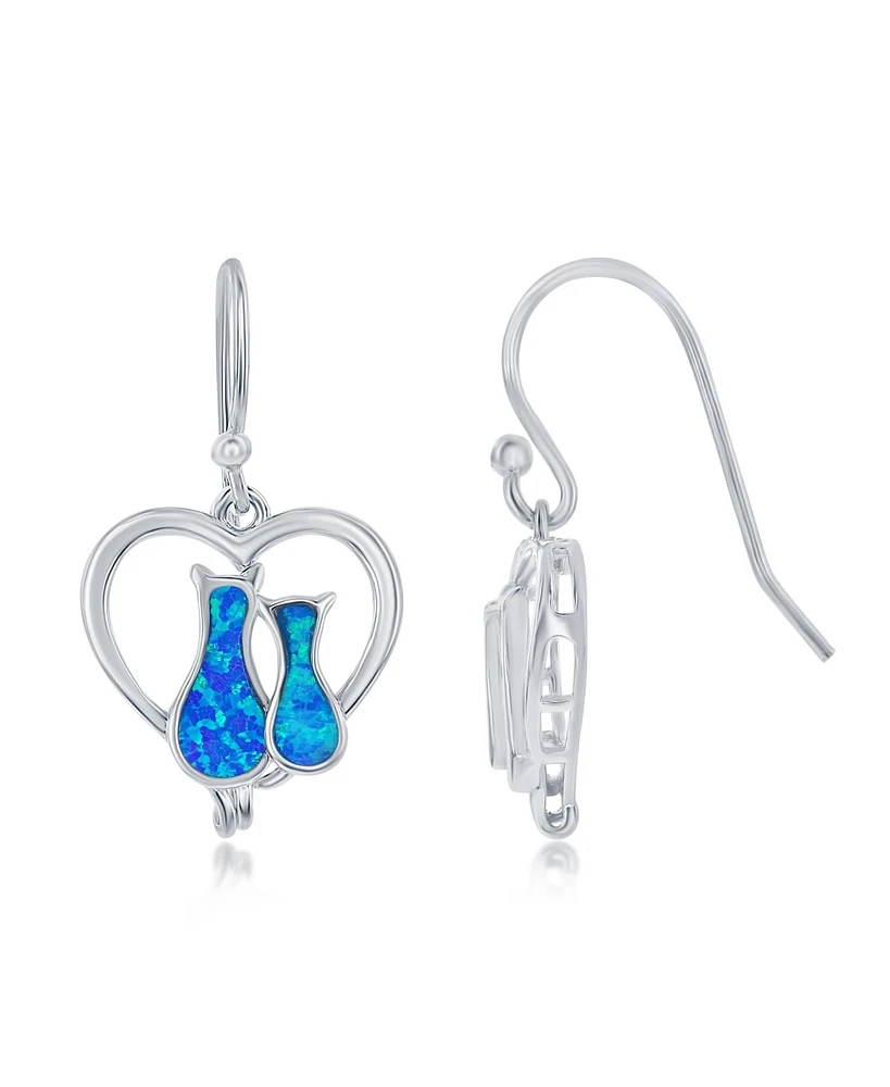 Caribbean Treasures Sterling Silver Opal Cats in a Heart Earrings