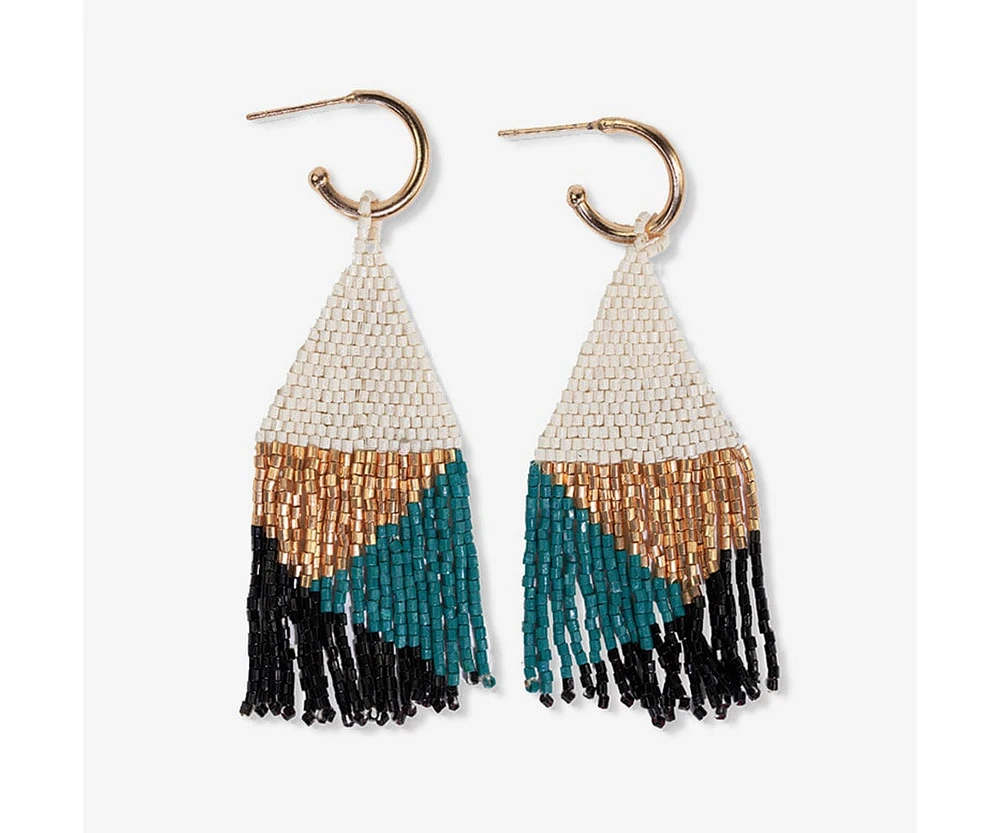 Ink + Alloy James Mini Gold Hoop Mixed Angles Beaded Fringe Earrings Teal