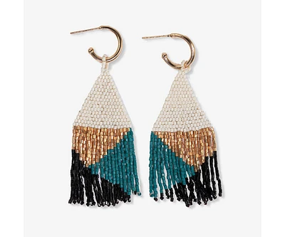 Ink + Alloy James Mini Gold Hoop Mixed Angles Beaded Fringe Earrings Teal