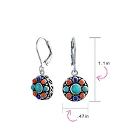 Bling Jewelry Multi Stone Lapis Natural Turquoise Orange Coral Medallion Dangle Earrings For Women Oxidized Sterling Silver Lever Back