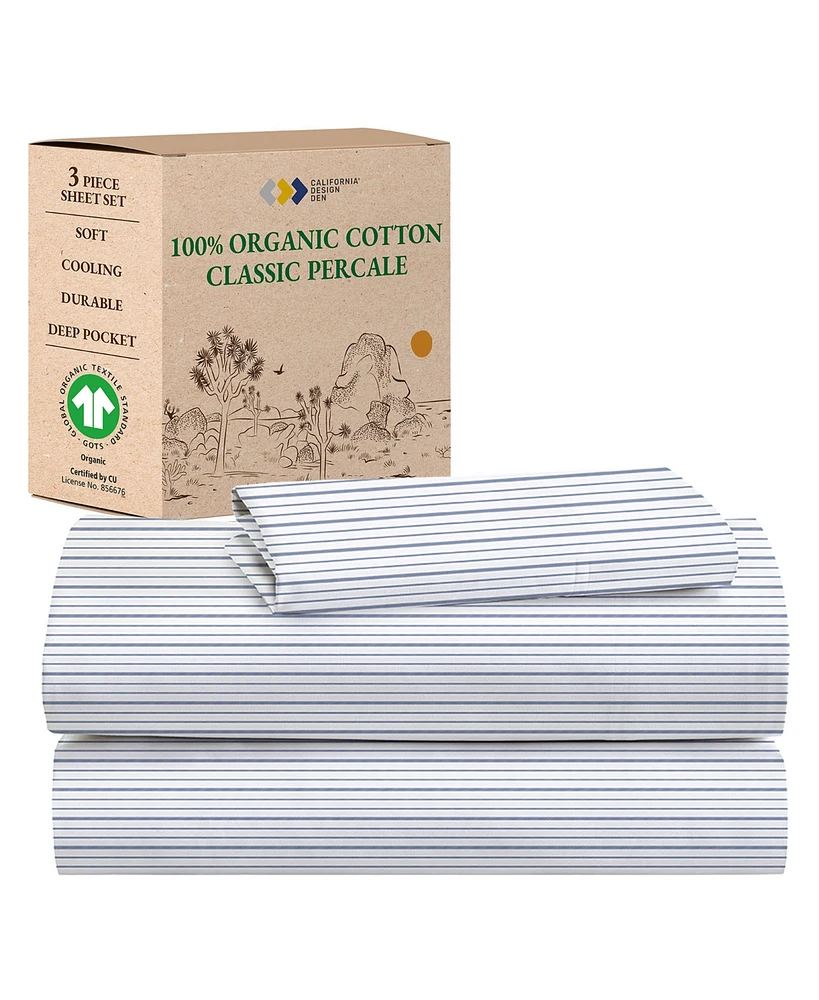 Printed Stripe - 100% Organic Cotton Percale Twin Sheets Set Deep Pocket, Gots Certified