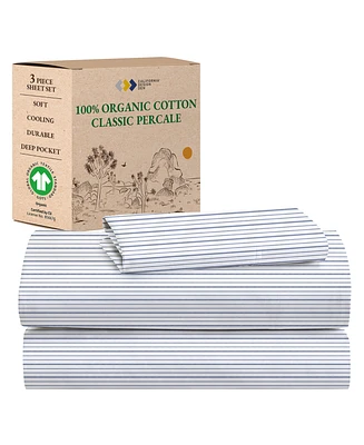 Printed Stripe - 100% Organic Cotton Percale Twin Sheets Set Deep Pocket, Gots Certified