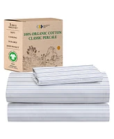 Printed Stripe - 100% Organic Cotton Percale Twin Sheets Set Deep Pocket, Gots Certified