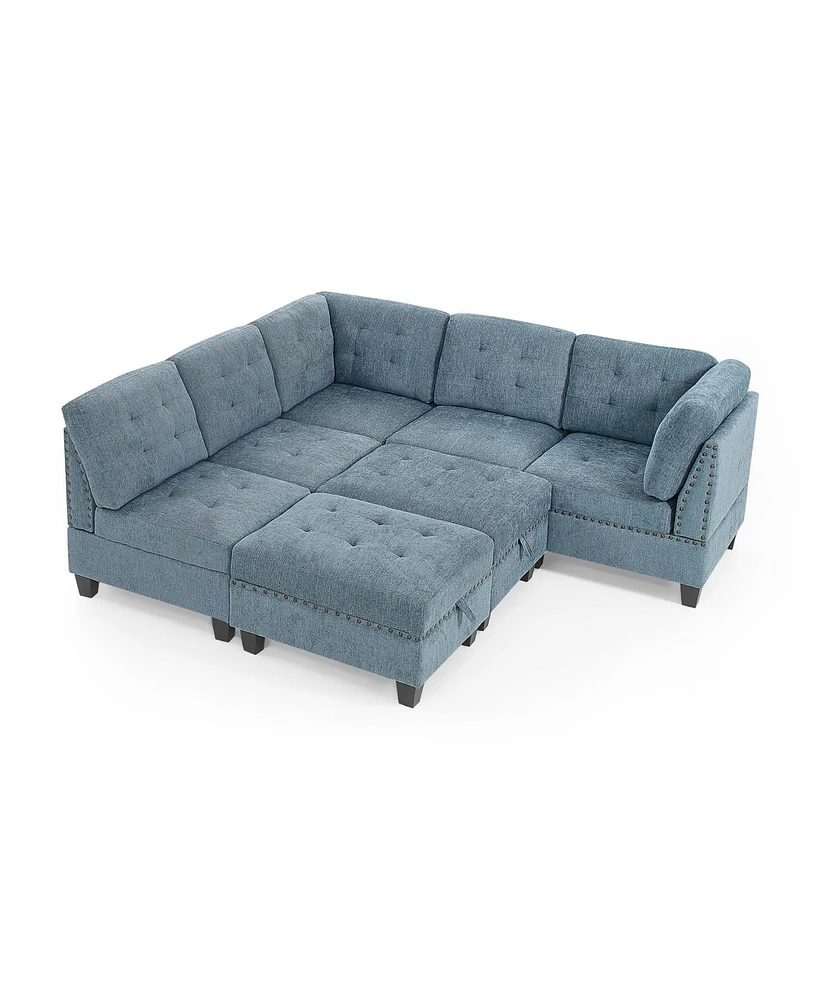 Simplie Fun Navy Blue Modular Sectional Sofa with Ottoman