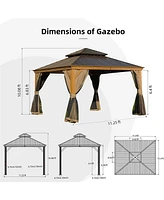 Mondawe 12x12ft Hardtop Gazebo, Wooden Coated Aluminum Frame Canopy with Galvanized Steel Double Roof, Outdoor Permanent Metal Pavilion with Curtains