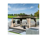 Mondawe 12x16ft Hardtop Gazebo, Permanent Outdoor Gazebo with Polycarbonate Double Roof, Aluminum Pavilion Curtain and Net for Garden, Pat