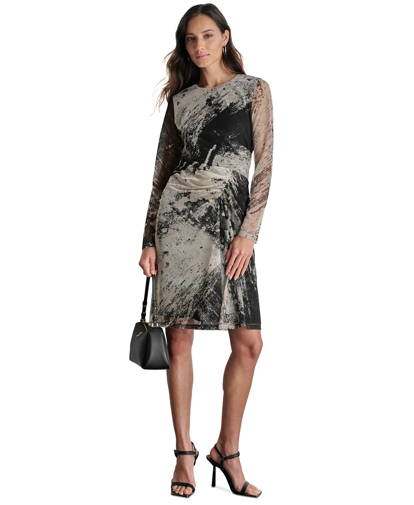 Dkny Women's Printed Long-Sleeve Side-Ruched Dress