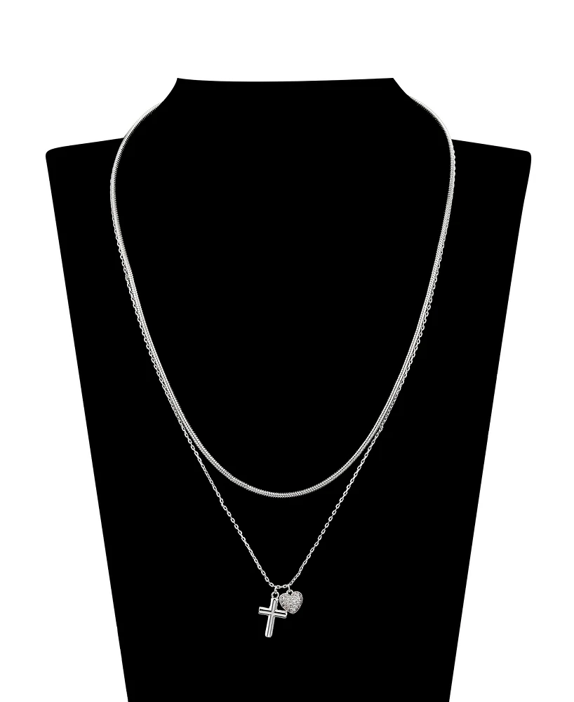 Unwritten Cubic Zirconia Puff Cross and Heart Snake Chain Layered Pendant Necklace