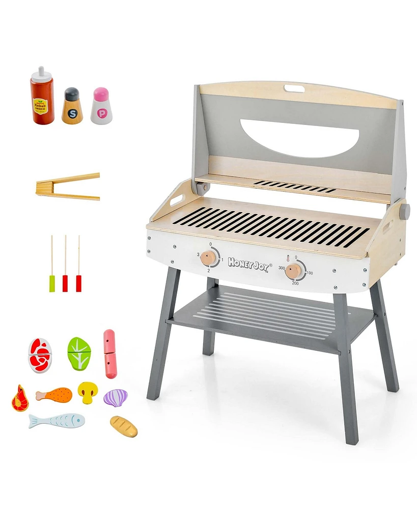 Costway Kids Barbecue Grill Playset, Wooden Kitchen Playset with Clip 4 Bbq Poles