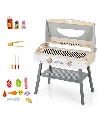 Costway Kids Barbecue Grill Playset, Wooden Kitchen Playset with Clip 4 Bbq Poles