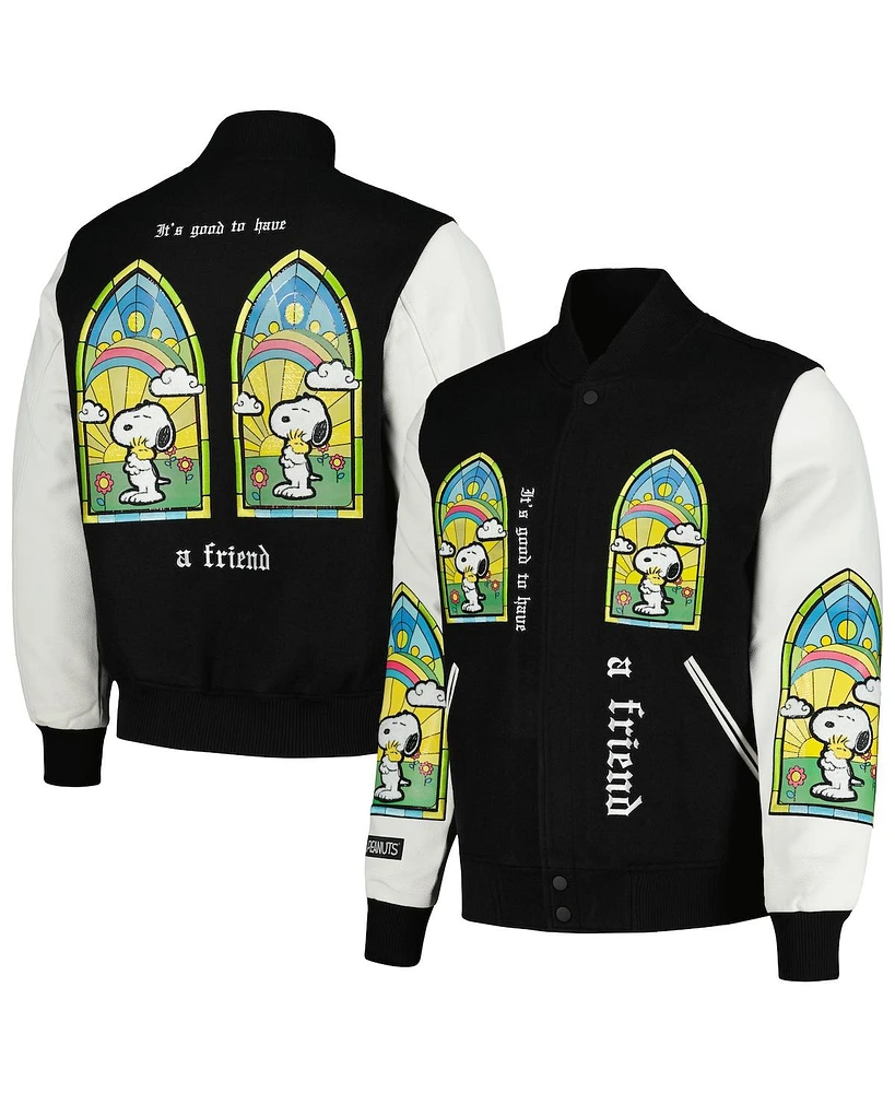 Freeze Max Men's Black/White Peanuts Snoopy A Friend Varsity Full Zip Jacket