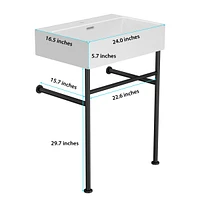24" Bathroom Console Sink With Overflow, Ceramic Console Sink White Basin Black Legs