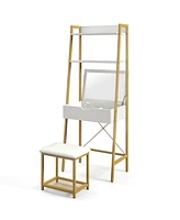 Sugift Ladder Vanity Desk Set with Flip Top Mirror and Cushioned Stool