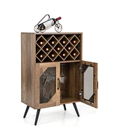 Sugift 2-Door Farmhouse Kitchen Storage Bar Cabinet with Wine Rack and Glass Holder