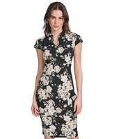 Calvin Klein Petite Floral Split-Neck Cap-Sleeve Dress