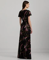 Lauren Ralph Women's Belted Floral Flutter-Sleeve Gown