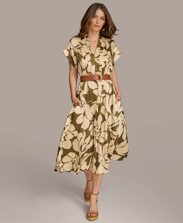 donna karan new york women's v-neck belted short-sleeve midi dress Donna Karan Women's V-Neck Cap-Sleeve Belted Midi Dress at Foxvalley Mall  in Aurora, IL