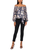 Msk Women's Floral Metallic-Chiffon Balloon-Sleeve Top