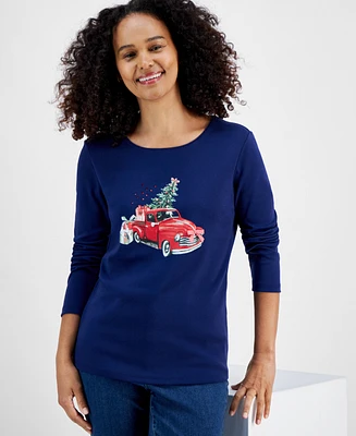 Holiday Lane Women's Joyful Car Long-Sleeve Top, Created for Macy's