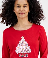 Holiday Lane Women's Crochet Tree Long-Sleeve Tee, Created for Macy's