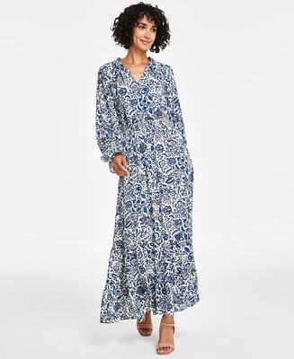 Vince Camuto Women's Printed Tie-Neck Smocked Maxi Dress