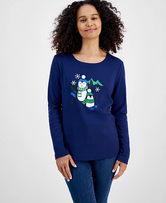 Holiday Lane Women's Penguin Play Long-Sleeve Top, Created for Macy's