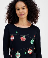 Holiday Lane Women's Ornament String Long-Sleeve Top, Created for Macy's