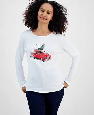 Holiday Lane Women's Joyful Car Long-Sleeve Top, Created for Macy's