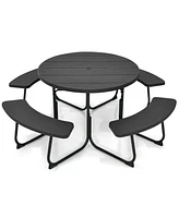 Outdoor 8-person Round Picnic Table Bench Set with 4 Benches & Umbrella Hole