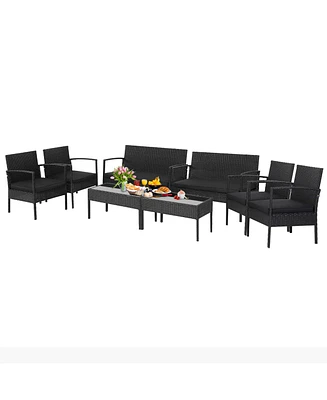 Costway 8 Pcs Patio Rattan Furniture Set Cushioned Sofa Armrest Garden Black