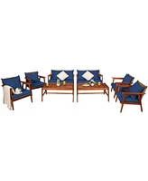 8PCS Patio Rattan Furniture Set Acacia Wood Frame Cushioned Sofa Chair Red