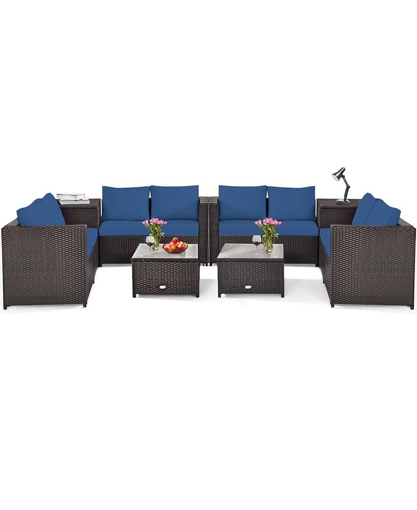 Costway 8PCS Outdoor Patio Rattan Furniture Set Cushioned Loveseat Storage Table Navy