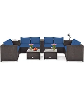 Costway 8PCS Outdoor Patio Rattan Furniture Set Cushioned Loveseat Storage Table Navy