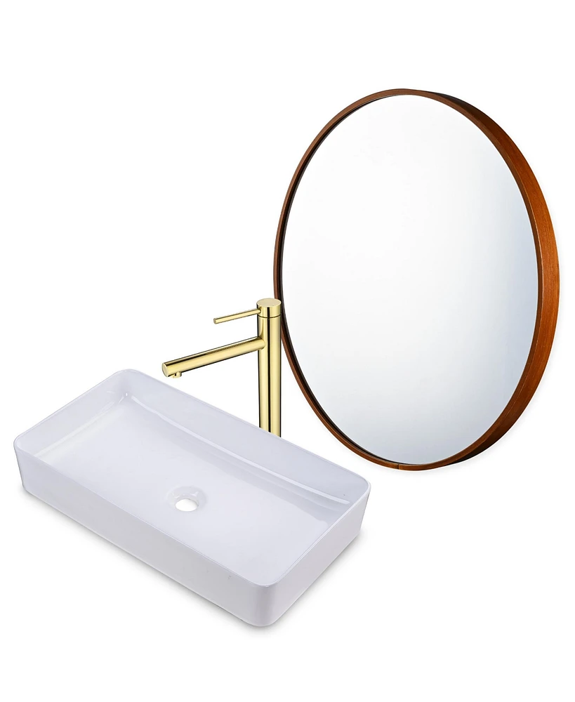 Aquaterior Bathroom Ceramic Vessel Sink Faucet Drain Kit w/ Round Wooden Mirror