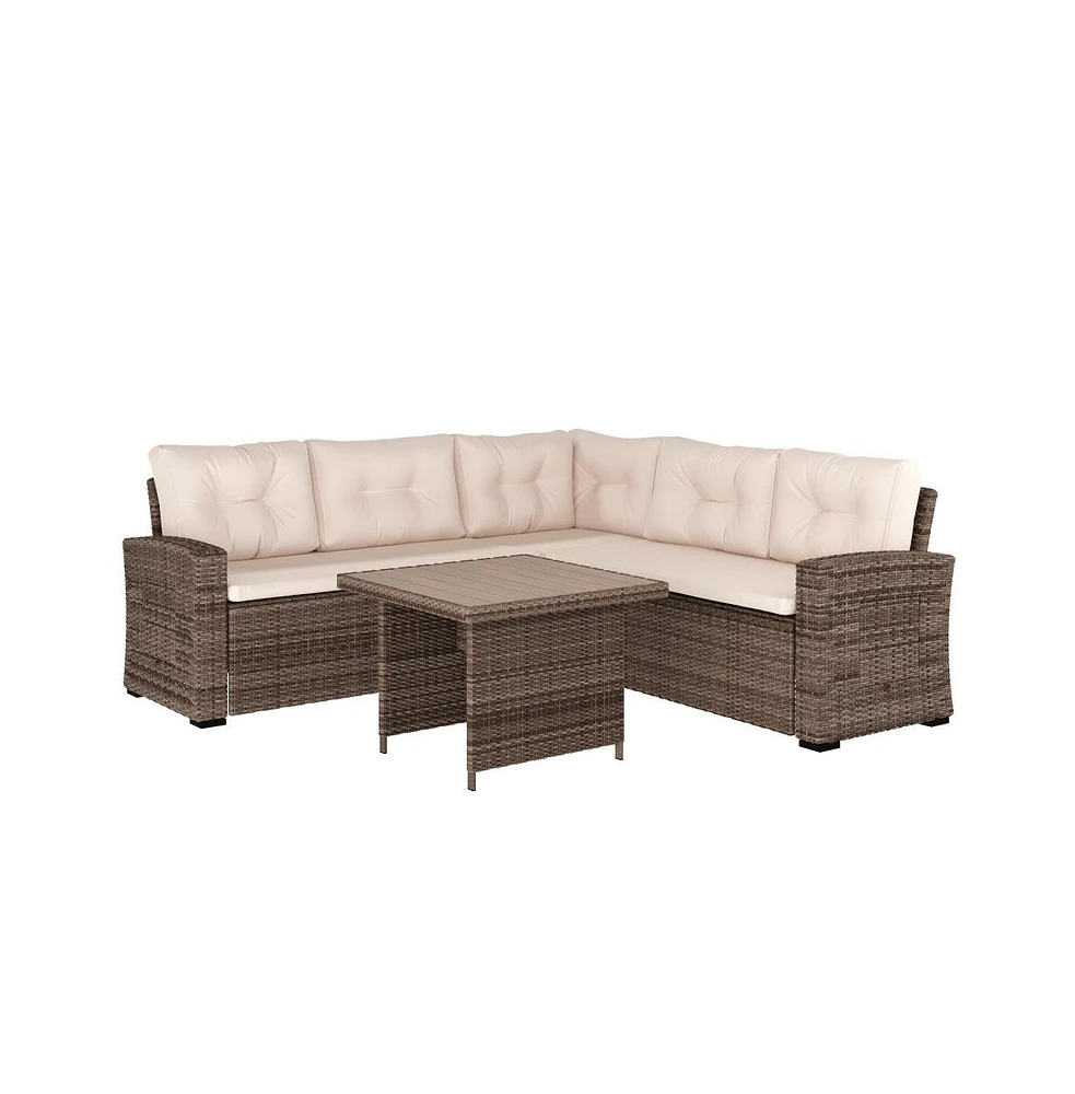 Merrick Lane Shelton Indoor/Outdoor L-Shaped Sofa/Dining Table Conversation Set With Wicker Rattan Construction And Weather-Resistant Cushions