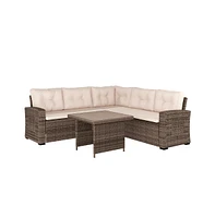 Merrick Lane Shelton Indoor/Outdoor L-Shaped Sofa/Dining Table Conversation Set With Wicker Rattan Construction And Weather-Resistant Cushions