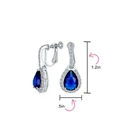 Bling Jewelry 7CT Style Halo Royal Blue Cubic Zirconia Cz Dangle Drop Teardrop Screw Back Clip On Earrings smaid Rhodium Plated