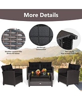 Costway 8 Pcs Patio Rattan Furniture Set Glass Table Shelf Sofa Cushion Turquoise