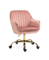 Simplie Fun 360 Pink Velvet Swivel Chair With High Back, Adjustable Working Chair With Golden Color Base