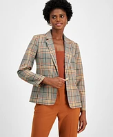 Tahari Asl Women's Plaid One-Button Suede-Pocket Jacket