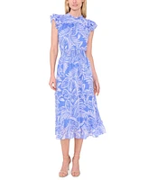 CeCe Women's Tropical-Print Flutter-Sleeve Smocked-Waist Midi Dress
