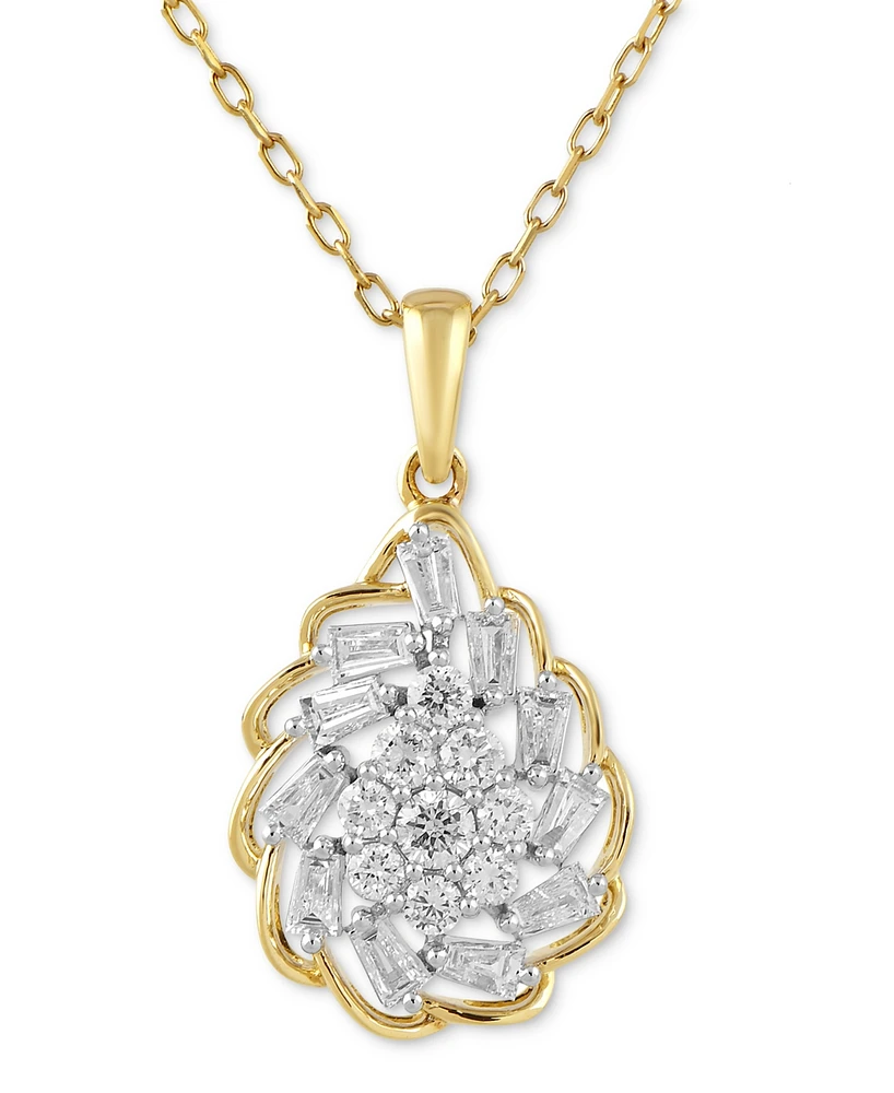 Diamond Round & Baguette Swirl Cluster Pendant Necklace in 10k Gold, 16" + 2" extender