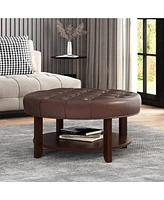 Versatile Button Tufted Faux Leather Ottoman with Open Shelf