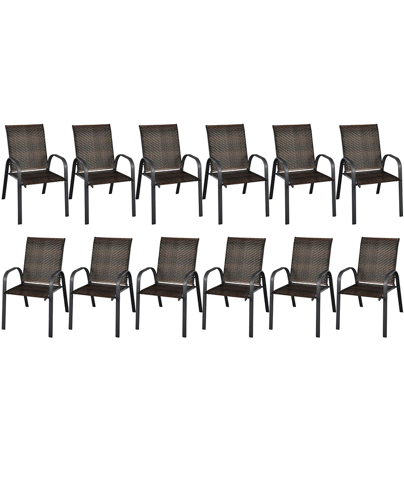 Gymax 12PCS Outdoor Pe Wicker Stacking Dining Chairs Patio Arm Mix Grey