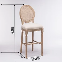 French Country Wooden Bar Stools Rattan Back With Upholstered Seating, Beige And Natural, Set Of 2